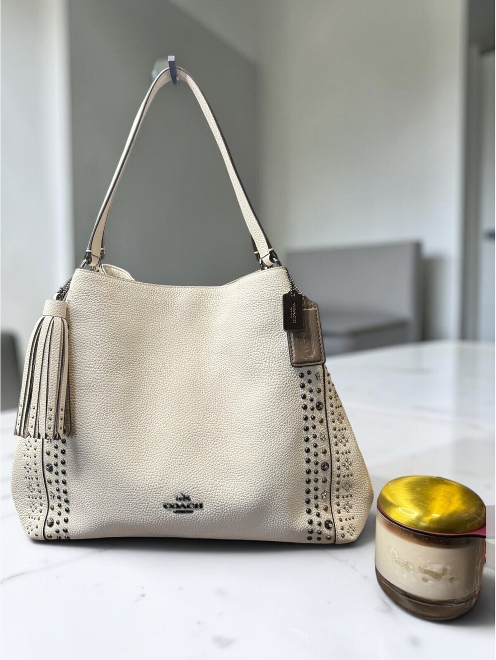 Coach Edie 31 Bandana Rivets Chalk Pebble Leather Studded Shoulder Bag 55544